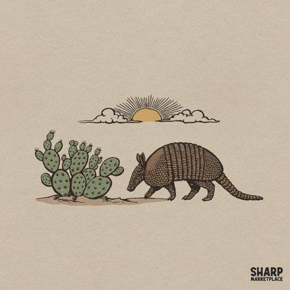 Vintage armadillo walking by prickly pear cactus in a desert scene, perfect western PNG for t-shirt sublimation