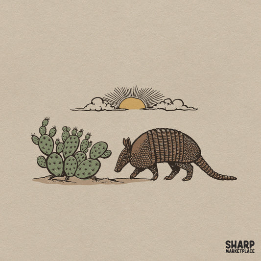 Vintage armadillo walking by prickly pear cactus in a desert scene, perfect western PNG for t-shirt sublimation