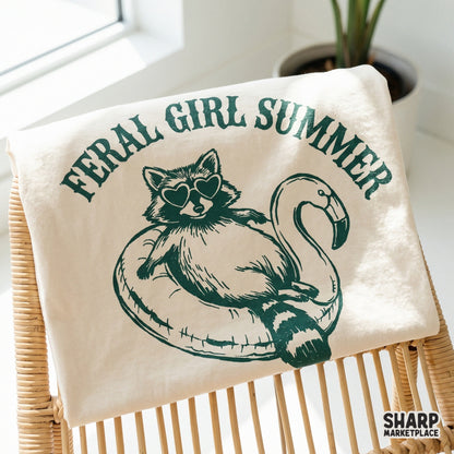 Funny retro raccoon floating in a pink flamingo pool float summer png design for girls trip beach shirts