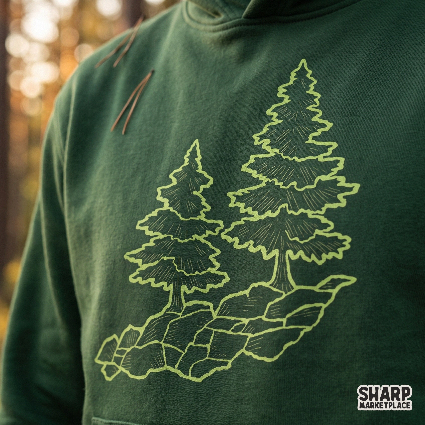 Minimalist forest line art illustration of green pine trees on rocks for camping sublimation templates and apparel design