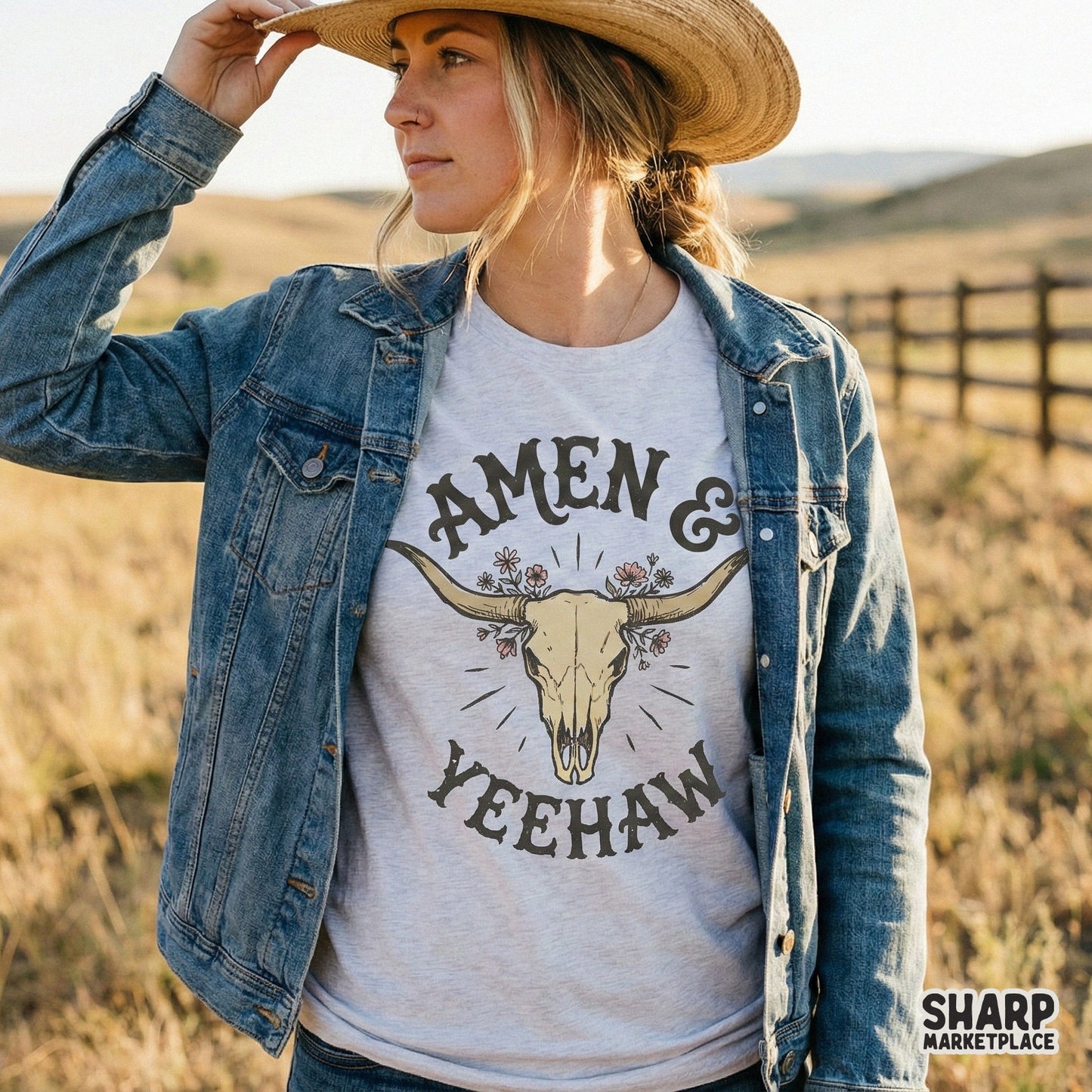 Amen & Yeehaw PNG, Western Skull Flowers - 300 DPI Design for T-Shirt