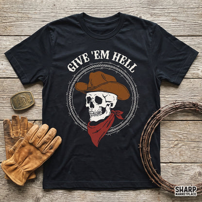 Retro western cowboy skull with barbed wire and Give Em Hell text for trendy country rebel t-shirt design