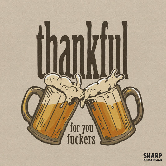 Retro Thanksgiving sublimation design with beer mugs and sarcastic adult humor for funny shirts and holiday decor