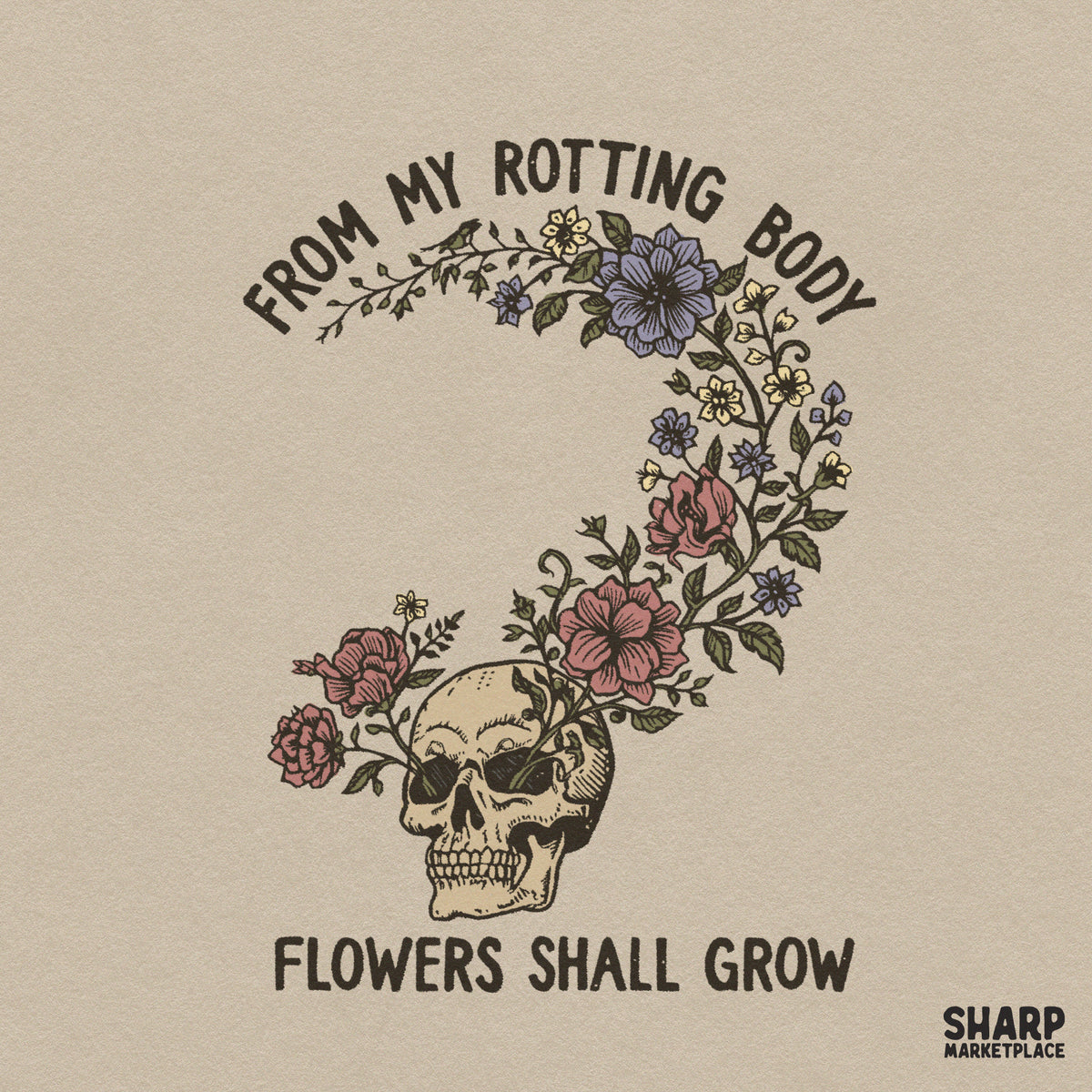Retro Halloween skull illustration with flowers for life and death aesthetic apparel and print on demand digital PNG design