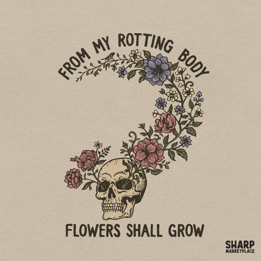 Retro Halloween skull illustration with flowers for life and death aesthetic apparel and print on demand digital PNG design