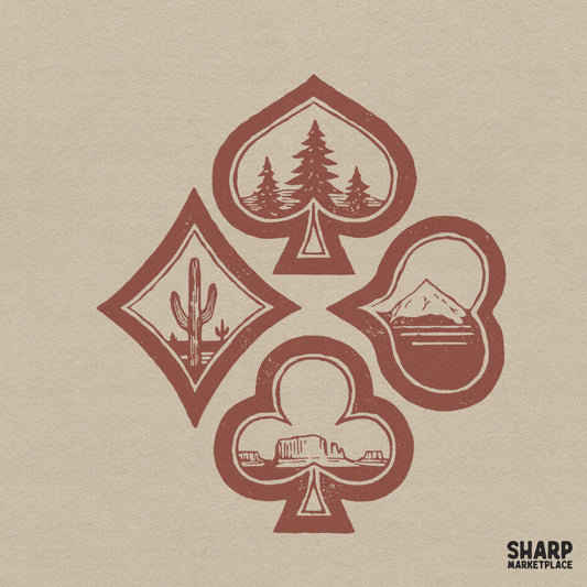 Western card suits with desert and mountain scenes digital PNG design for trendy vintage cowboy apparel and shirts