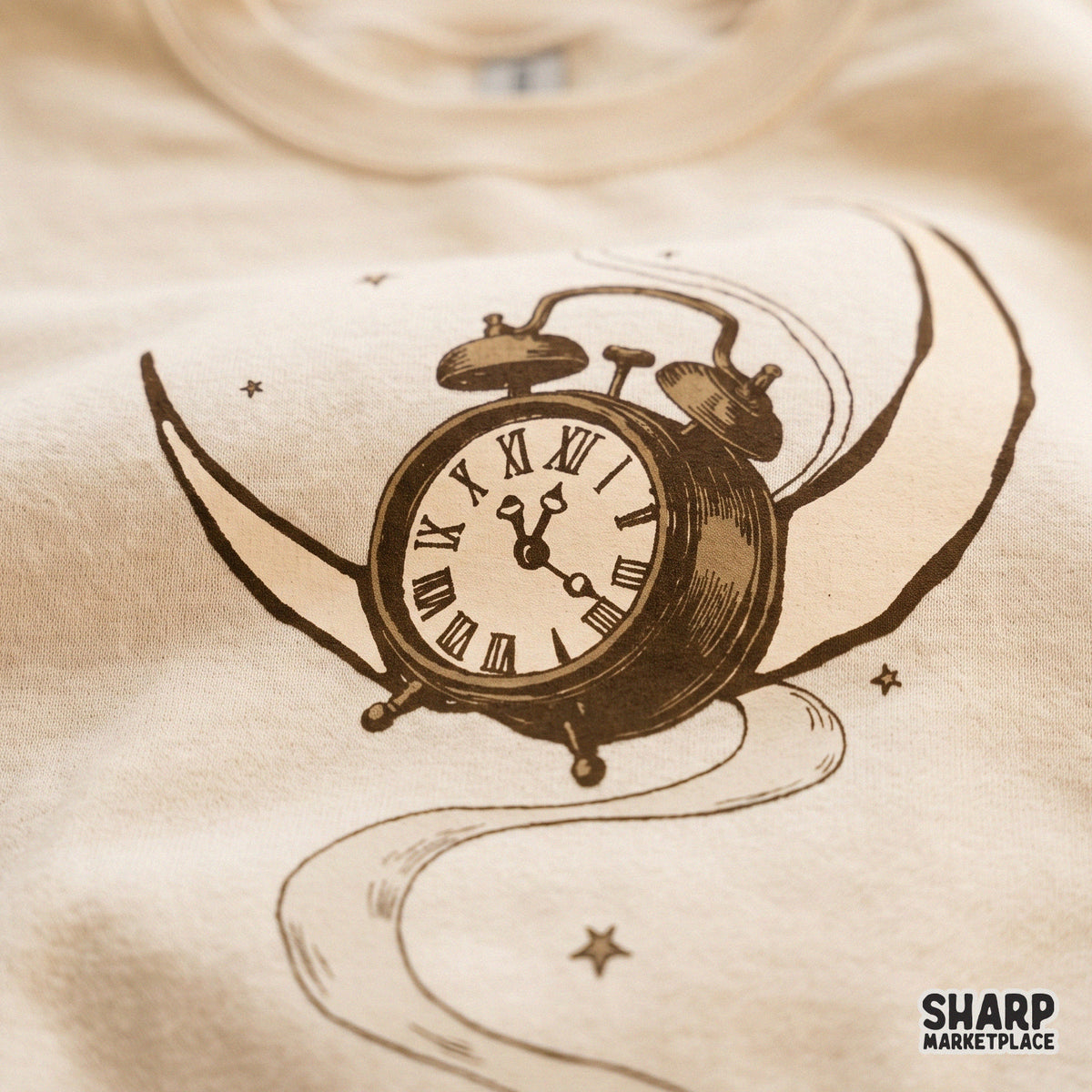 Flying alarm clock with bat wings and crescent moon graphic for Halloween shirt sublimation and witchy spooky season crafts