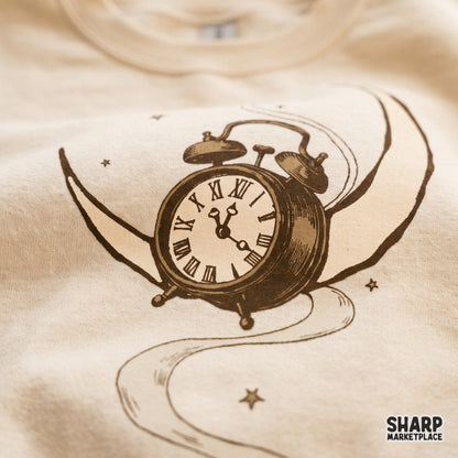Flying alarm clock with bat wings and crescent moon graphic for Halloween shirt sublimation and witchy spooky season crafts