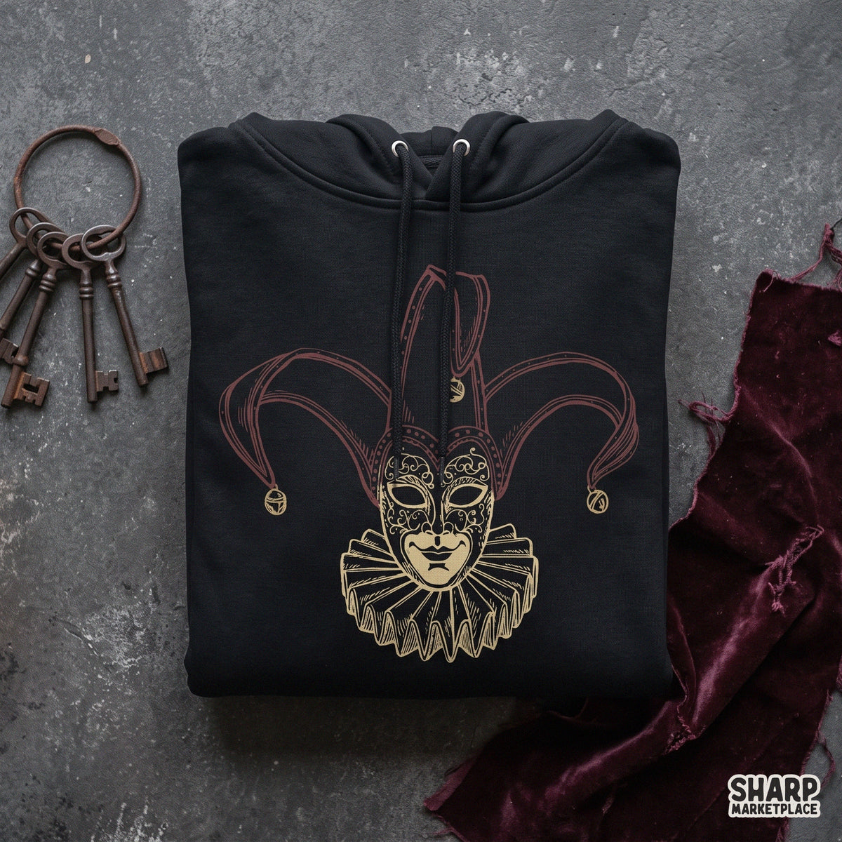 Venetian jester mask graphic with ruffles and bells for retro Halloween sublimation t-shirt designs