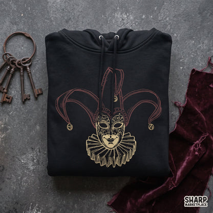 Venetian jester mask graphic with ruffles and bells for retro Halloween sublimation t-shirt designs