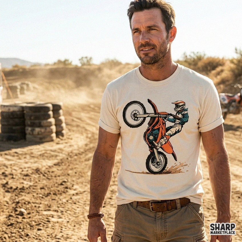 Retro motocross dirt bike rider doing a wheelie stunt graphic for t-shirts and extreme sports PNG designs