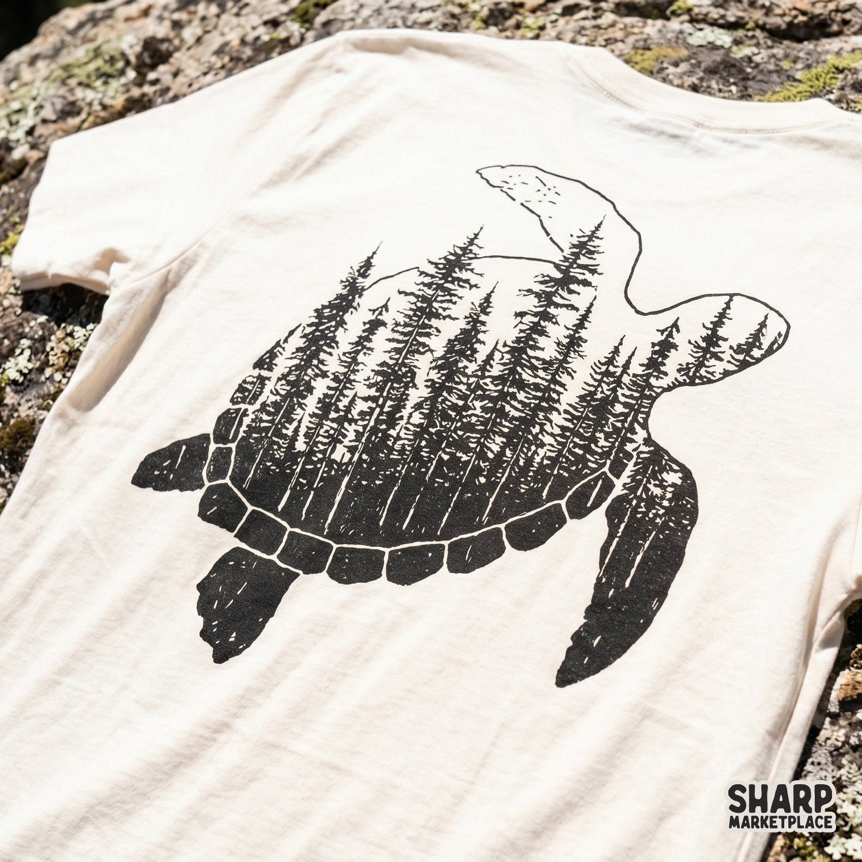 Rustic woodland sea turtle illustration with a pine tree fill, ideal for outdoor adventure DIY projects, wall art, and custom nature apparel.