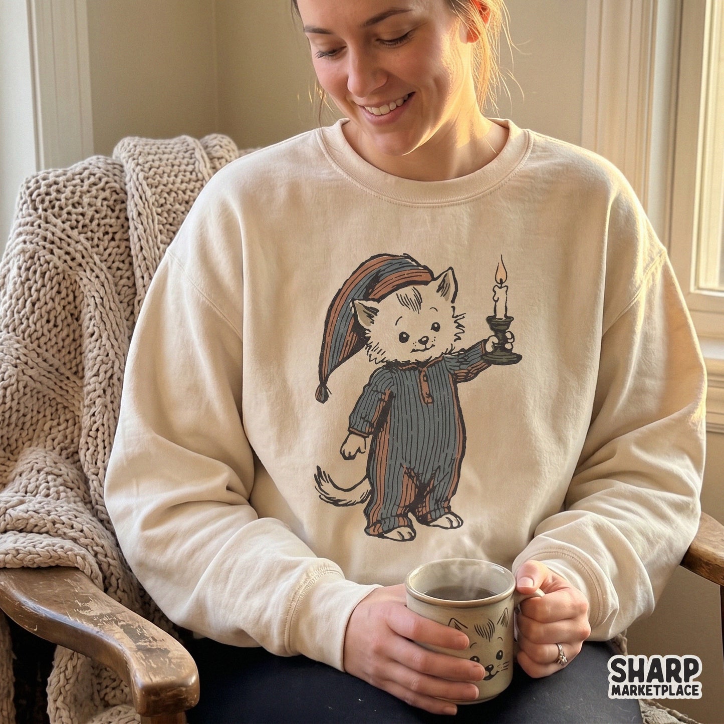 Sleepy vintage kitten in a nightgown holding a candle retro cozy season animal png for trendy t-shirt sublimation designs