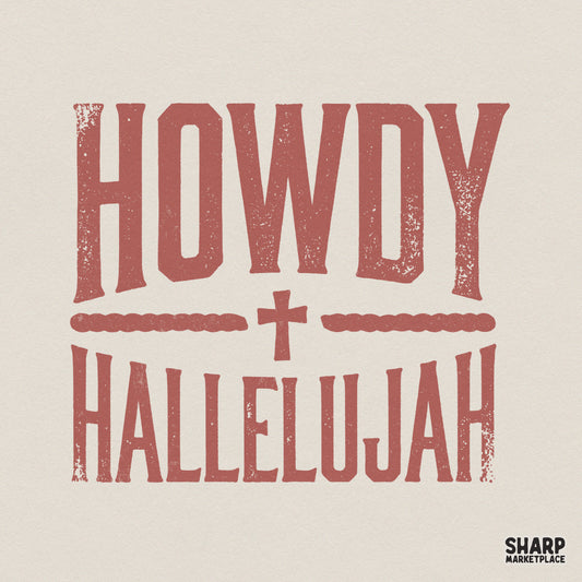 Rustic Howdy Hallelujah digital design featuring distressed terracotta red blocky serif typography with a central cross and rope-style dividers.