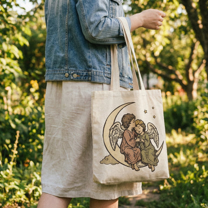 Angel Kissing On The Moon PNG, Vintage Celestial Angel Art - 300 DPI