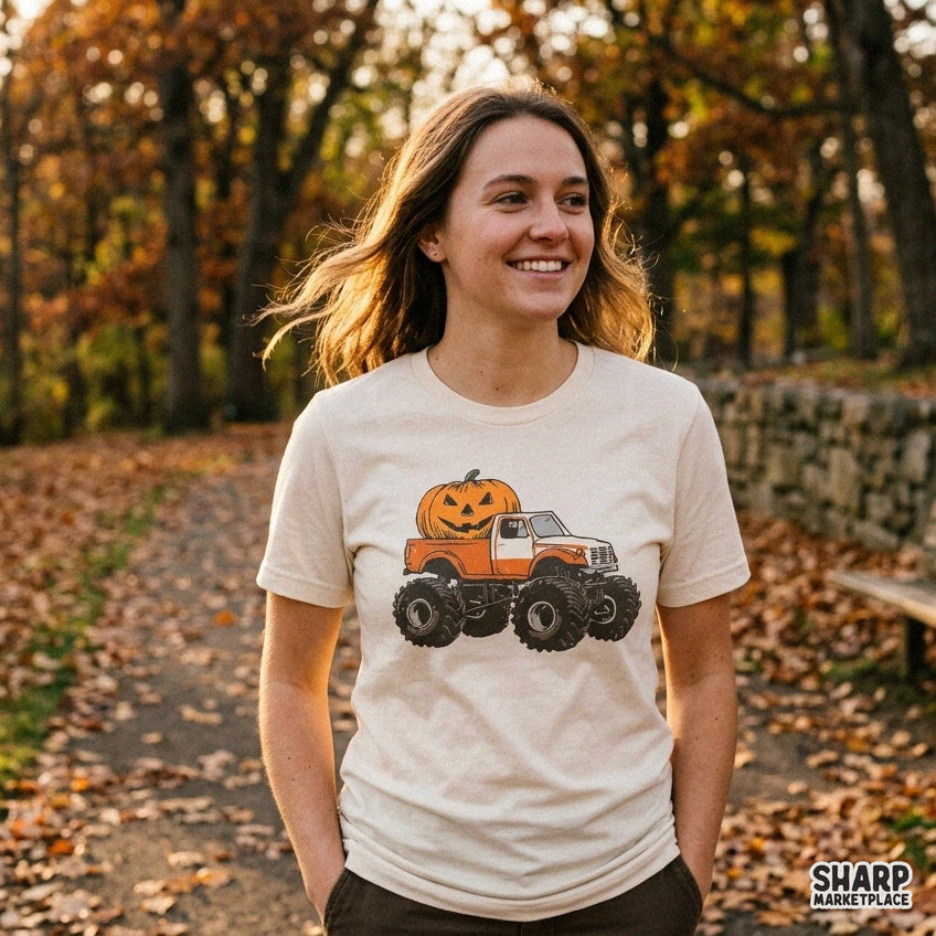 Retro monster truck with jack o lantern pumpkin PNG design for boys Halloween t-shirts