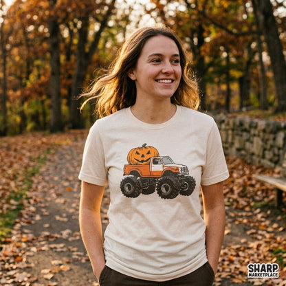Retro monster truck with jack o lantern pumpkin PNG design for boys Halloween t-shirts