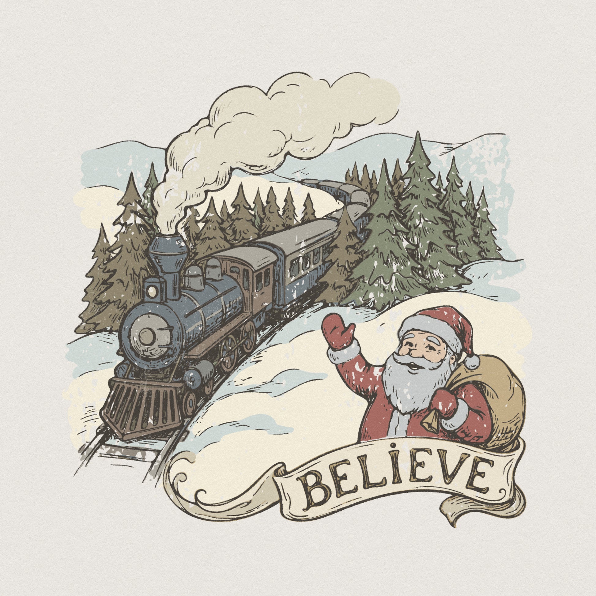 Believe Christmas Santa Train PNG, Vintage Winter Holiday Art - 300 DPI