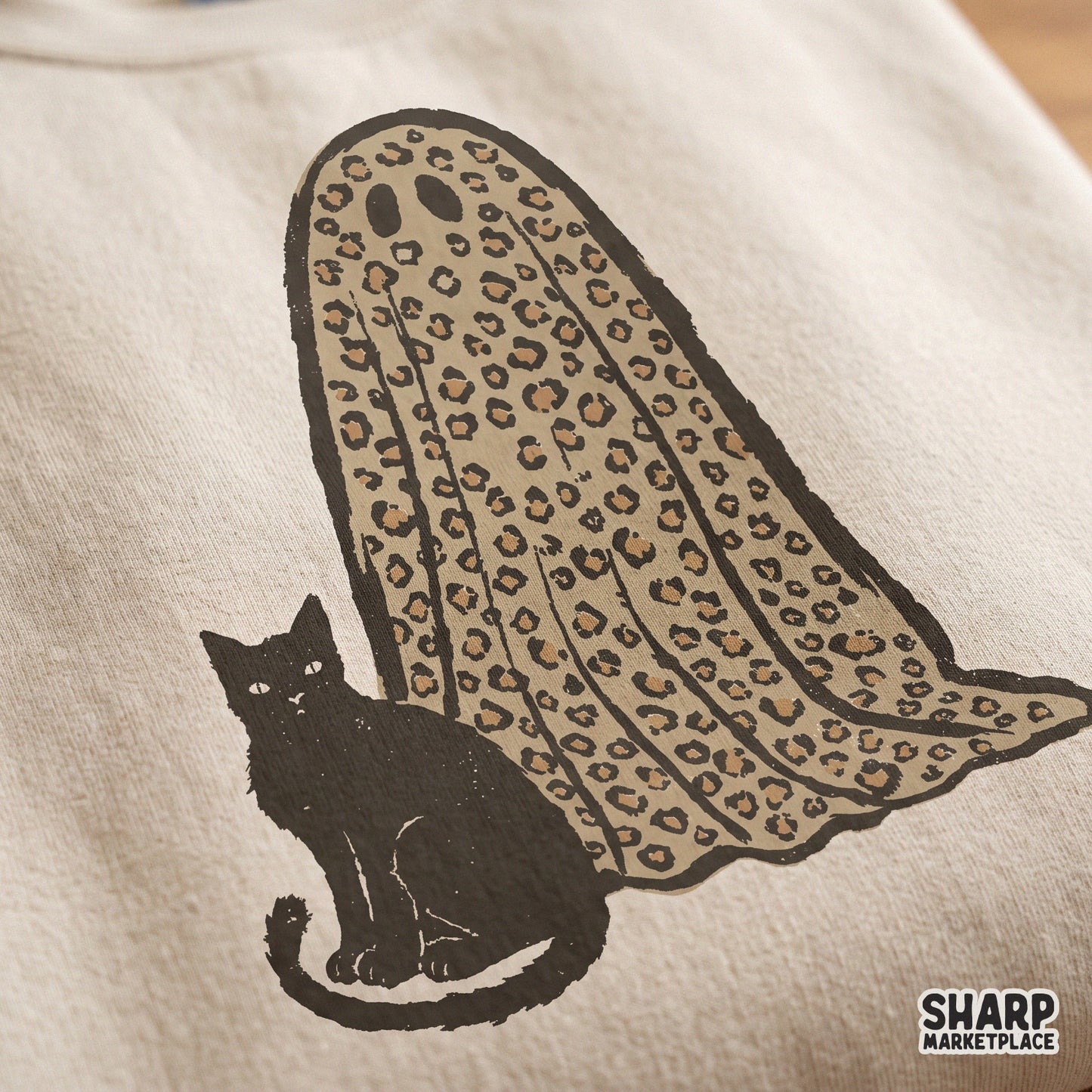 Cute leopard print ghost holding a black cat retro spooky season sublimation png design for halloween t-shirts