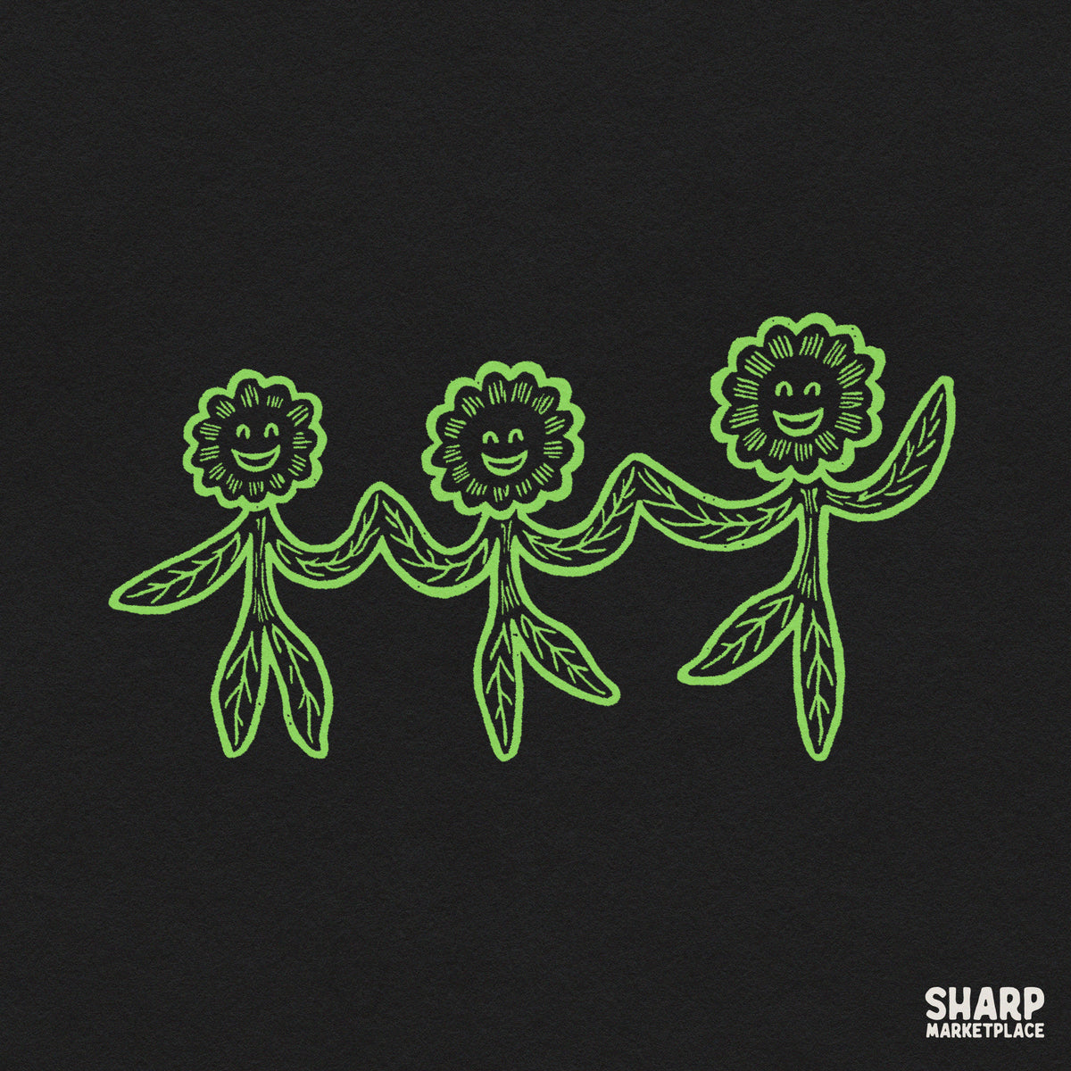 Three happy dancing green plants in a retro 70s aesthetic floral PNG design for t-shirts and tumblers
