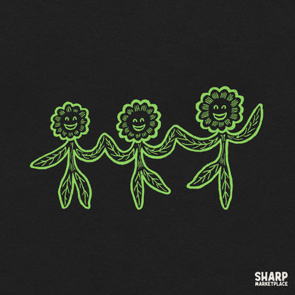 Three happy dancing green plants in a retro 70s aesthetic floral PNG design for t-shirts and tumblers