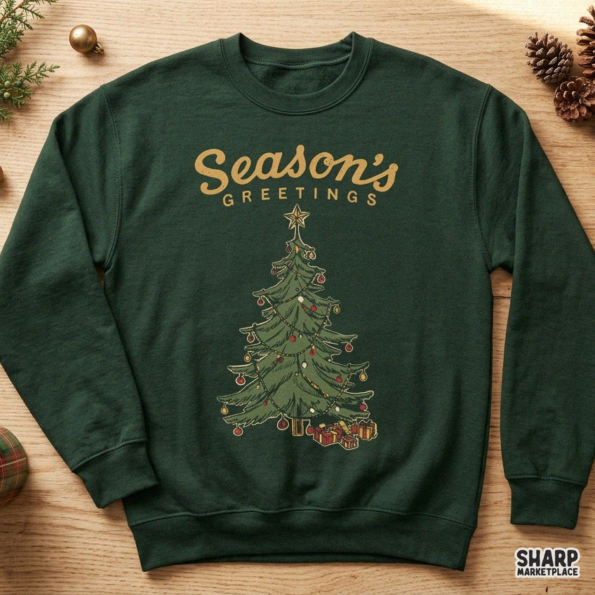 Retro Christmas tree PNG design with star topper and gift boxes for festive shirts and holiday sublimation crafts