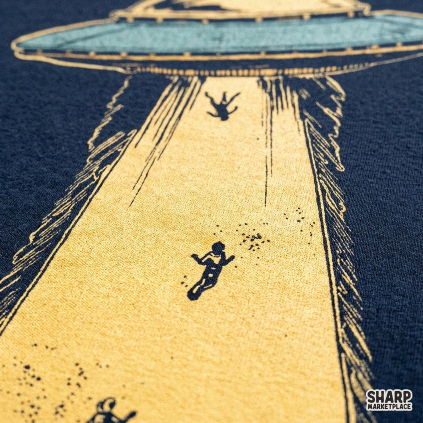 Retro flying saucer alien abduction dark aesthetic illustration graphic for spooky season Halloween t-shirts