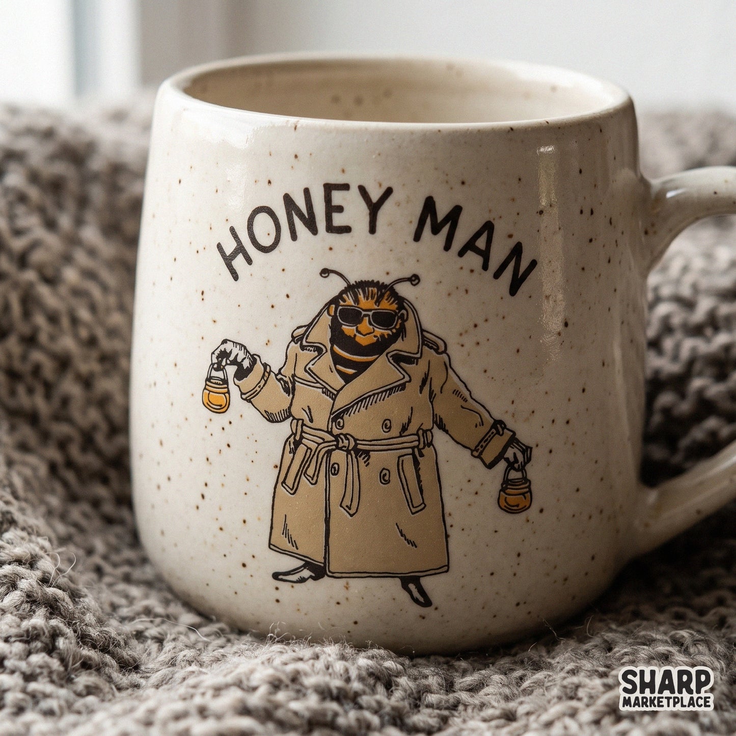 Funny bee in a trench coat holding honey pots sarcastic retro sticker design trendy PNG printable art