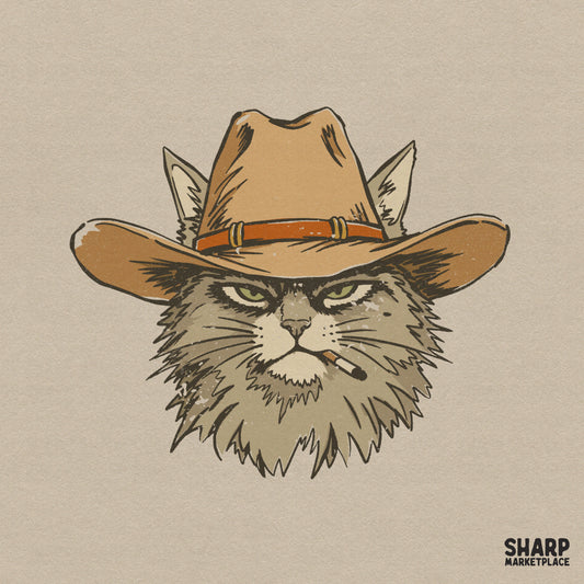 Grumpy cowboy cat illustration wearing a brown western hat with a cigar in its mouth, perfect for custom t-shirt or sticker designs.