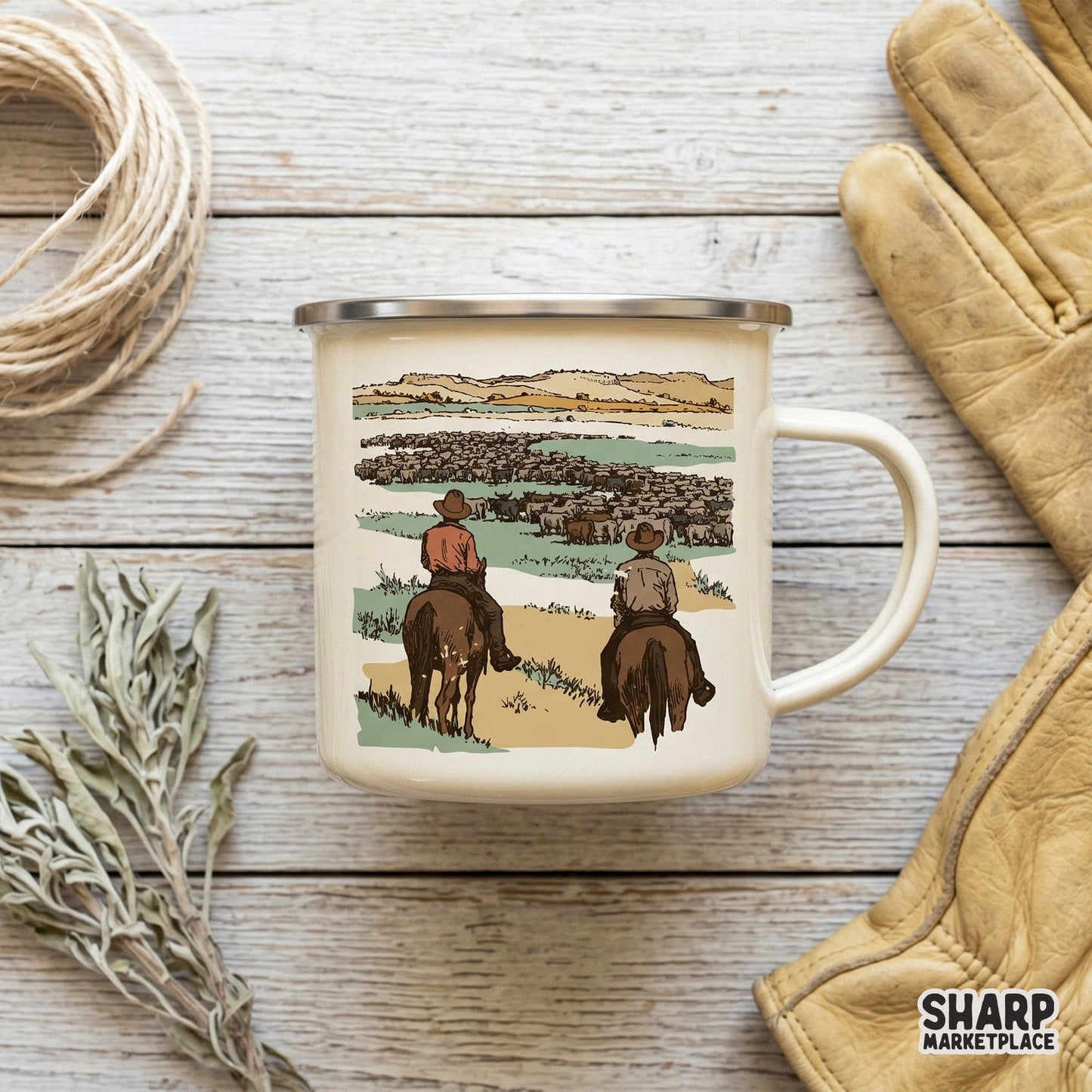 Hand-drawn western graphic of cowboys and cattle, perfect for sublimation printing on apparel, tumblers, or rustic home decor projects.