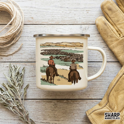 Hand-drawn western graphic of cowboys and cattle, perfect for sublimation printing on apparel, tumblers, or rustic home decor projects.