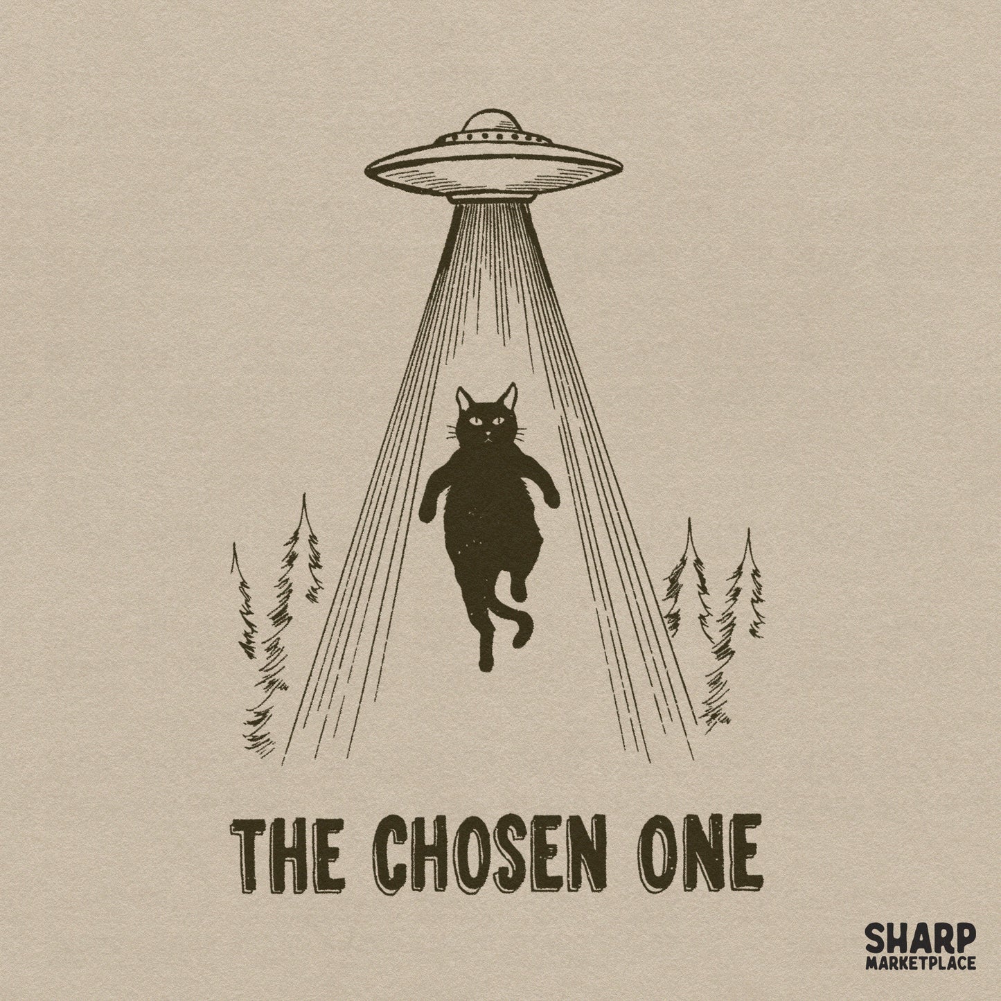 The Chosen One alien abduction black cat PNG for funny space UFO meme apparel and Halloween sublimation designs