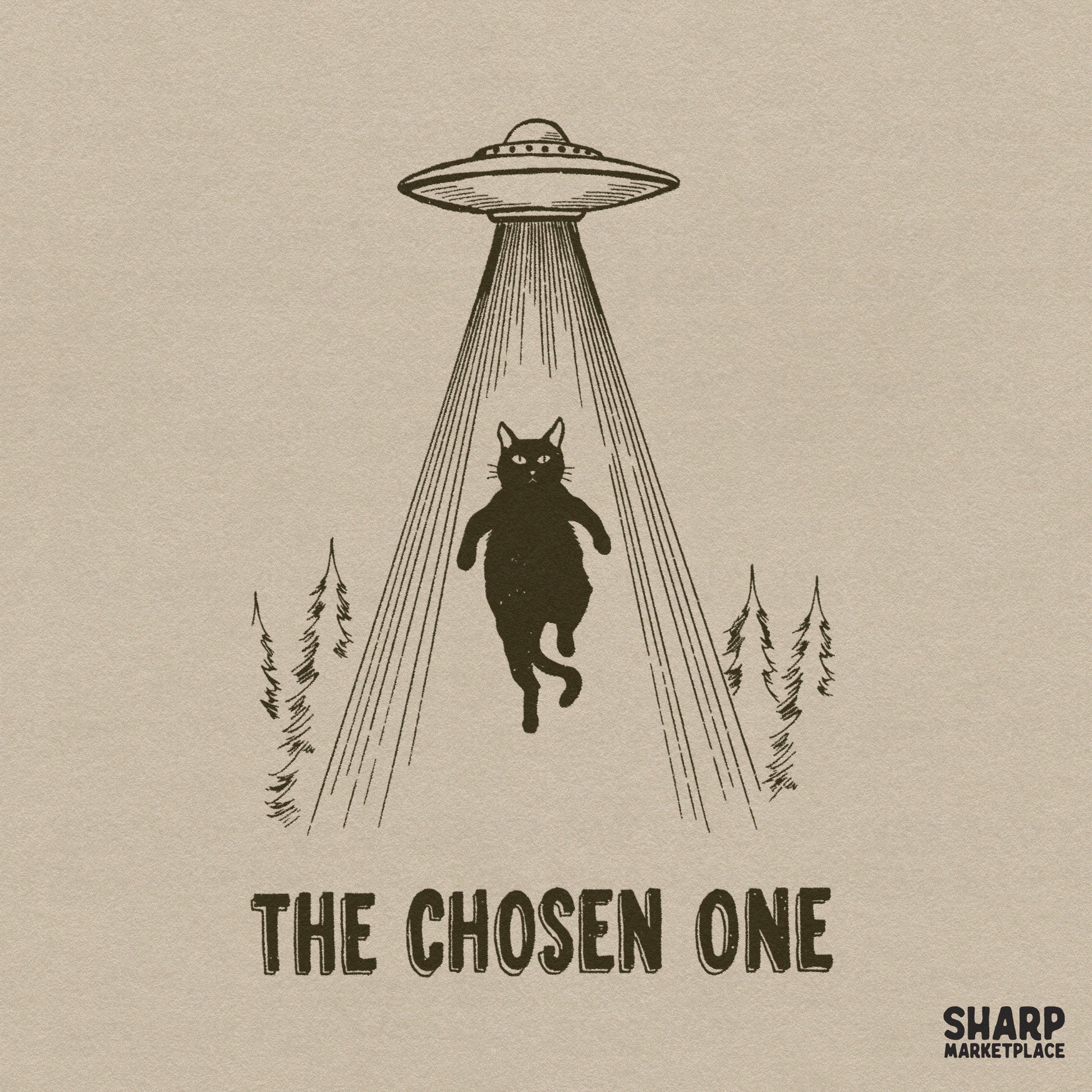 The Chosen One alien abduction black cat PNG for funny space UFO meme apparel and Halloween sublimation designs