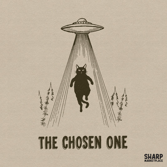 The Chosen One alien abduction black cat PNG for funny space UFO meme apparel and Halloween sublimation designs