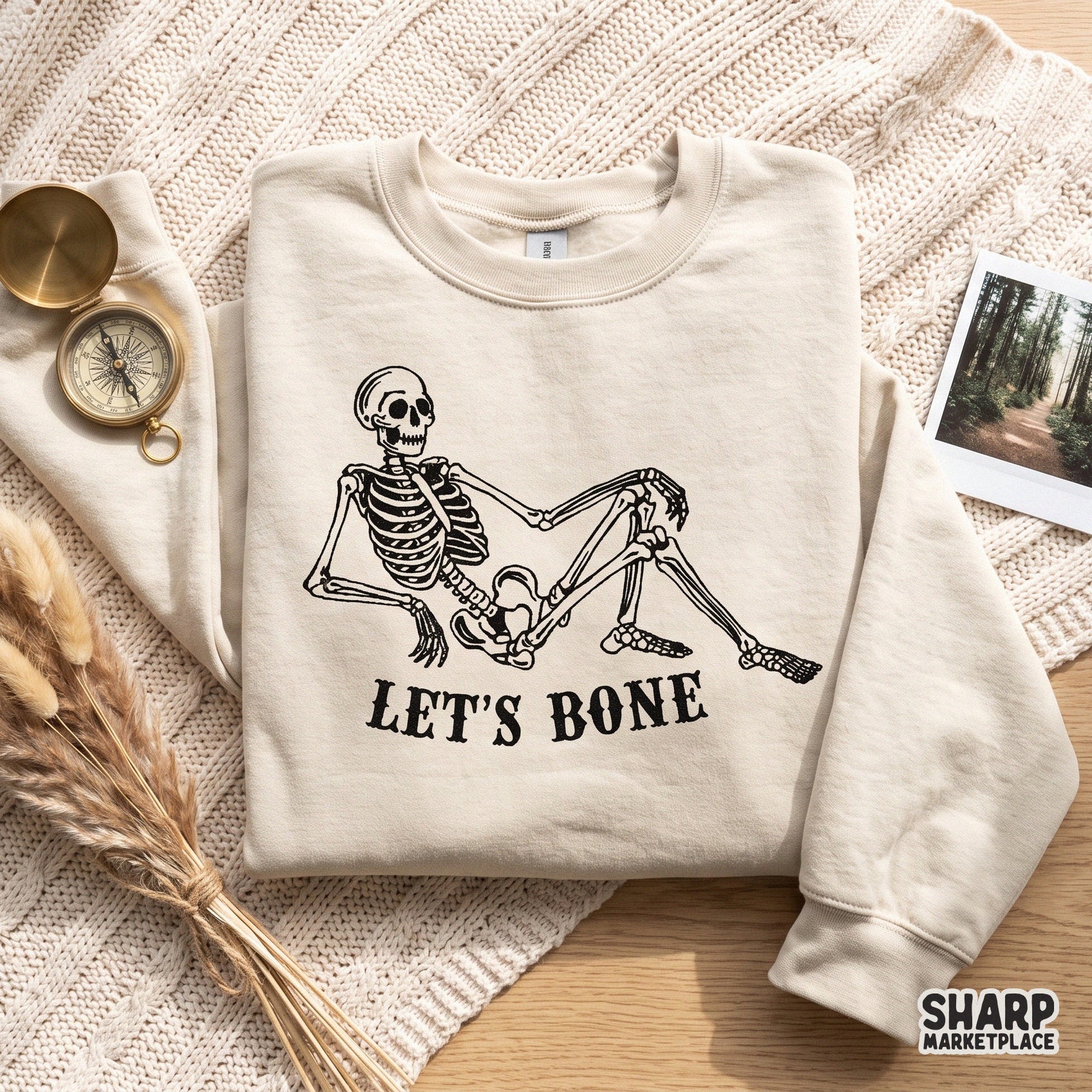 Retro sexy skeleton graphic for Halloween sublimation with sarcastic Let's Bone adult humor text for funny DIY t-shirts