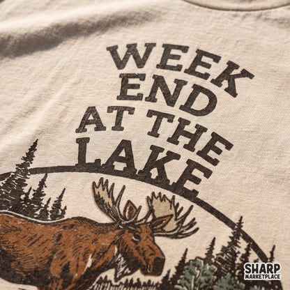 Vintage moose canoe t-shirt graphic design for summer camping and cabin vibe apparel sublimation and DTF printing