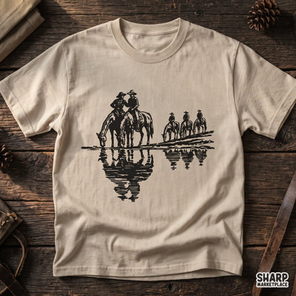 Monochrome woodcut vintage cowboys on horseback in water PNG sublimation shirt design for western t-shirts