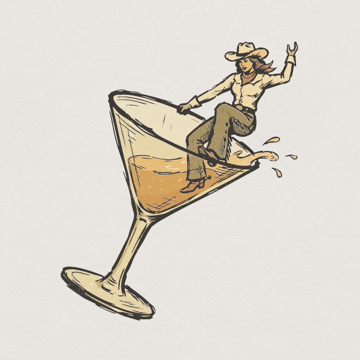 Retro western cowgirl riding a martini glass illustration in a hand-drawn sketch style with tan and brown tones for sublimation and apparel