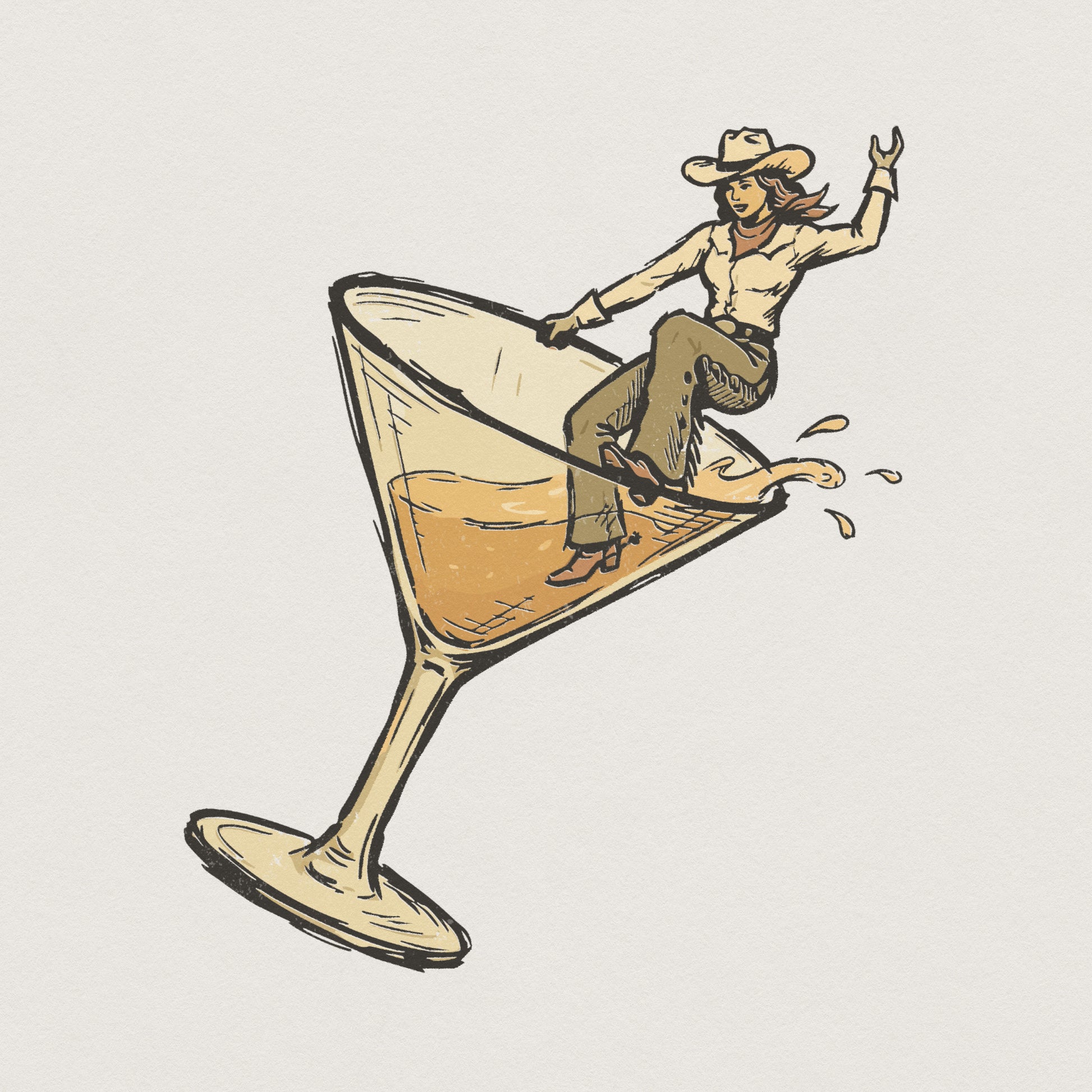 Retro western cowgirl riding a martini glass illustration in a hand-drawn sketch style with tan and brown tones for sublimation and apparel