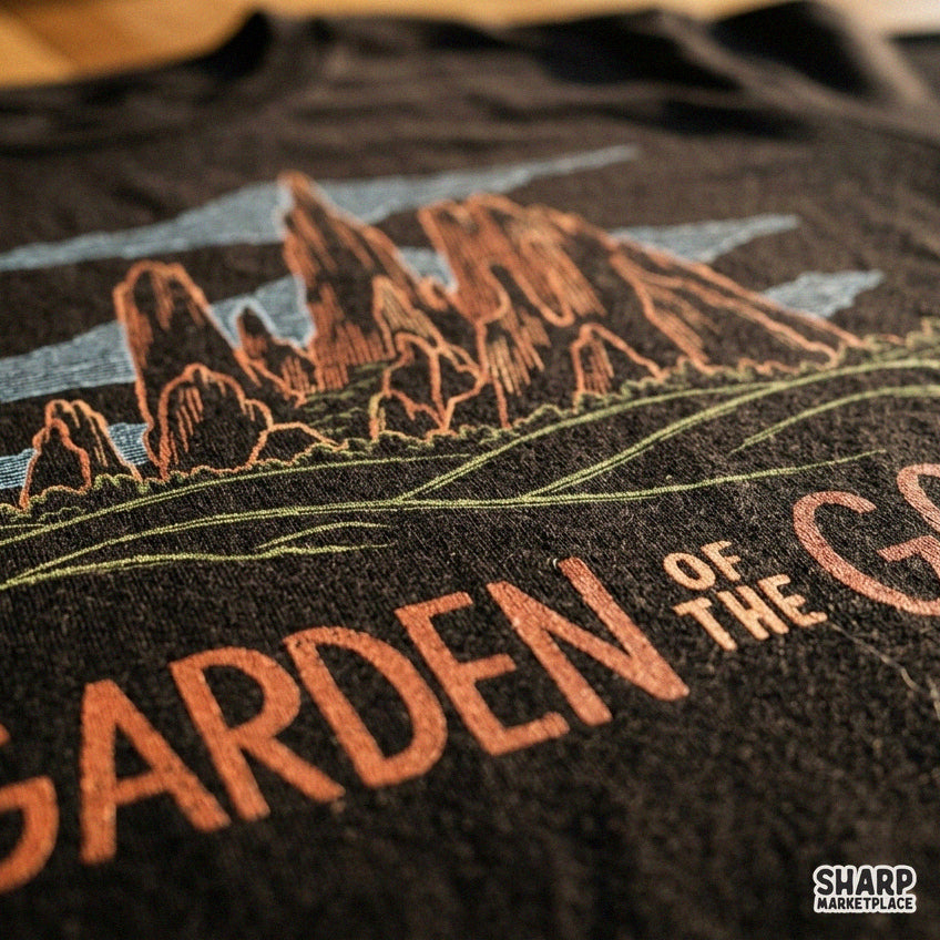 Dark line art Garden of the Gods Colorado mountain landscape graphic for western shirt sublimation design