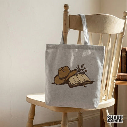 Hand-drawn western illustration of a cowboy hat and open novel with floral accents, suitable for sublimation transfers and rustic home decor.