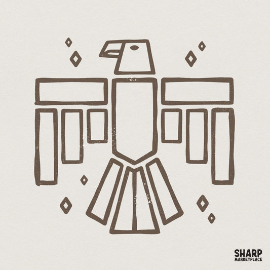 Geometric thunderbird digital graphic in rustic brown linework with diamond accents, perfect for tribal-inspired apparel and sublimation projects.