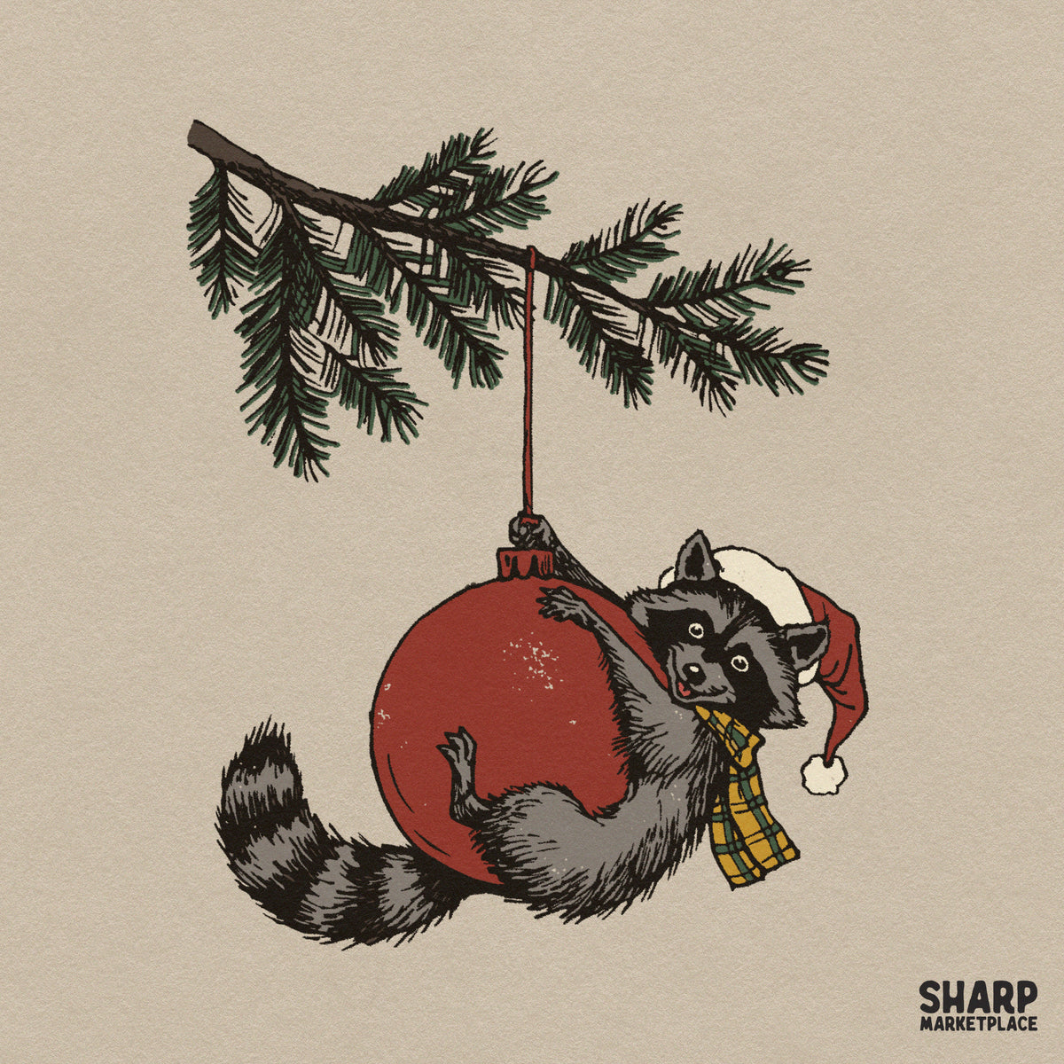 Cute Christmas Raccoon on Tree Ornament Christmas PNG