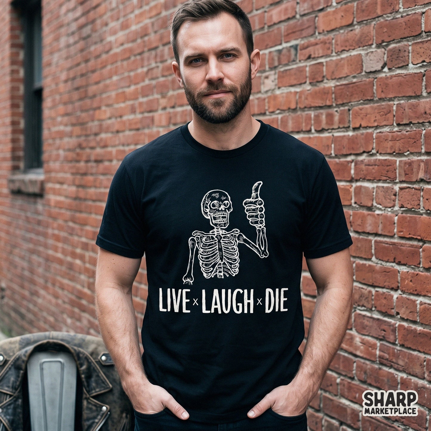 Sarcastic live laugh die skeleton halloween png with retro white lineart for spooky season shirt designs and stickers