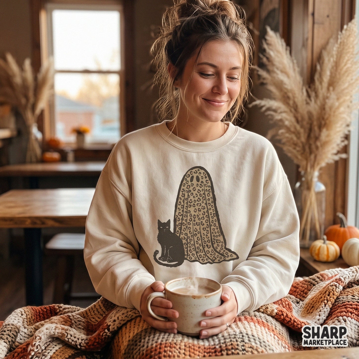 Cute leopard print ghost holding a black cat retro spooky season Halloween png design for sublimation t-shirts