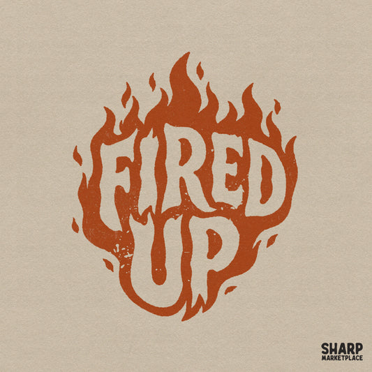 Fired Up text in bold bubble letters surrounded by a distressed orange flame motif for retro-inspired apparel and sublimation projects.