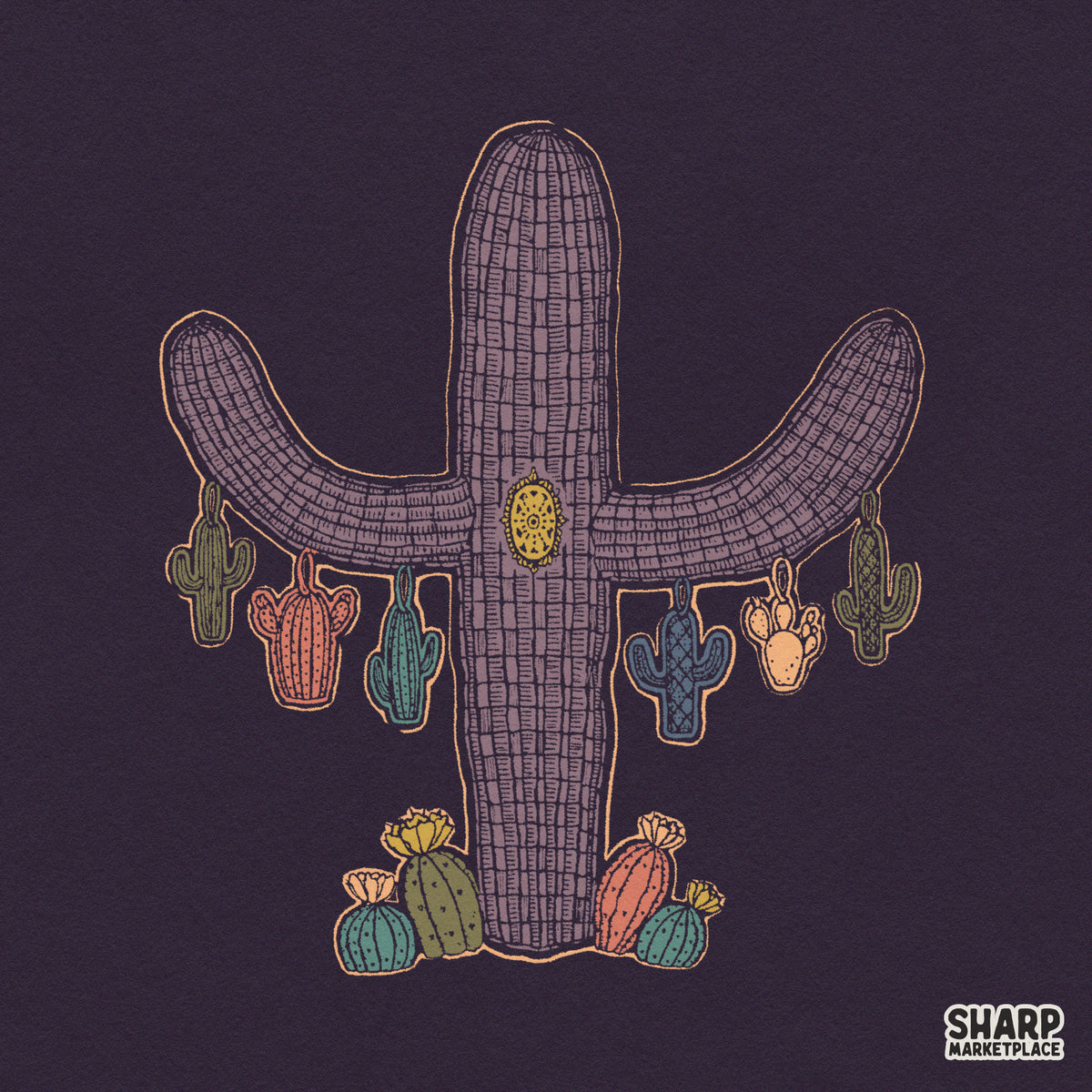 Retro purple desert cactus sublimation PNG design for vintage western tees and boho decor