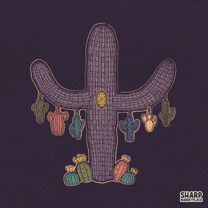Retro purple desert cactus sublimation PNG design for vintage western tees and boho decor