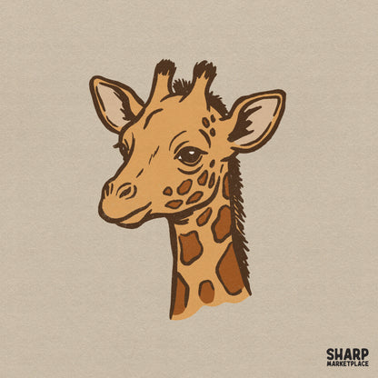Hand-drawn baby giraffe portrait with tan fur and brown spots, featuring a charming safari aesthetic for kids apparel or nursery wall art projects.
