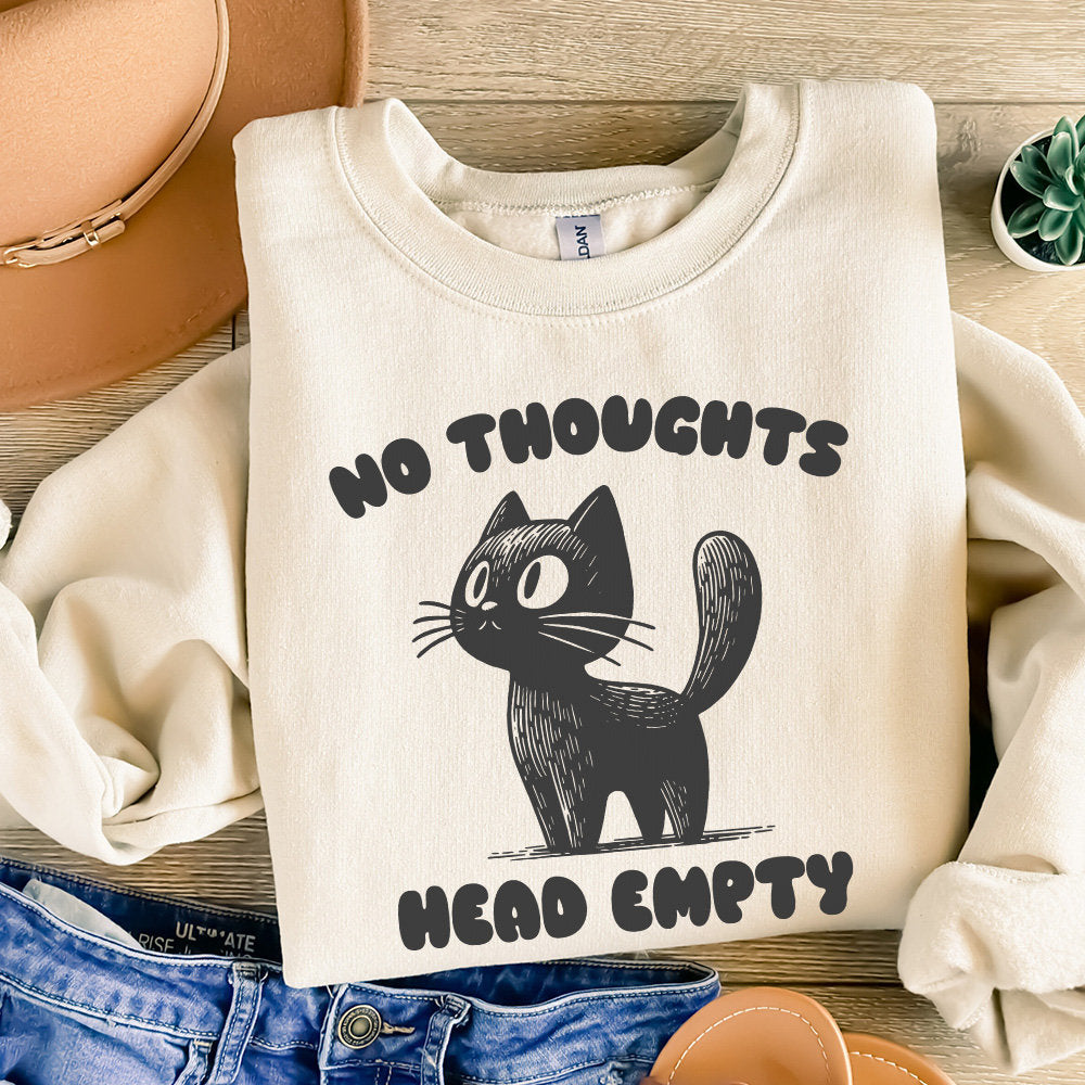 No Thoughts Head Empty Black Cat, Kawaii Funny Black Kitty - 300 DPI